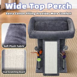 TWDEPART 17.7-inch grey compact cat tree tower with sisal scratching board, spring balls, hanging toy balls, and cozy top platform for indoor cats