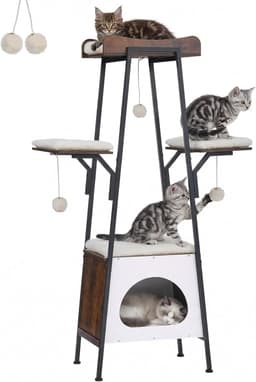 VERSASKY 46-Inch Modern Cat Tree Tower with large perch, cat condo, toy balls, removable cushion pads, and engineered wood base in white
