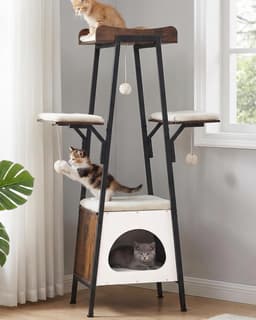 VERSASKY 46-Inch Modern Cat Tree Tower with large perch, cat condo, toy balls, removable cushion pads, and engineered wood base in white