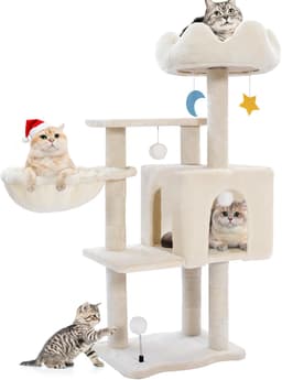 Yungaspy 40-inch white cat tree with cloud-shaped top perch, metal frame hammock, cat condo, sisal scratching post, 5 levels and toy balls