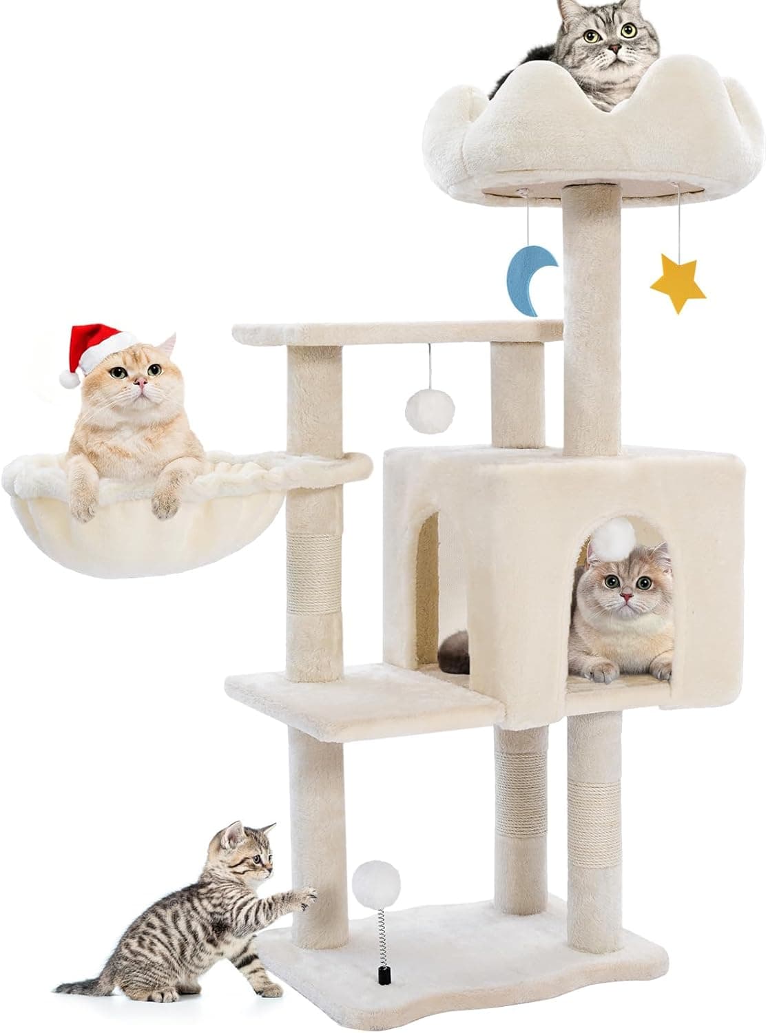 Yungaspy 40-inch white cat tree with cloud-shaped top perch, metal frame hammock, cat condo, sisal scratching post, 5 levels and toy balls