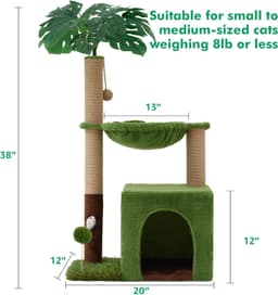 WOOCHPET 37-inch green jungle cat tree with top condo, large hammock, sisal scratching posts, mouse hole, spring ball toy, sisal ball, and green leaf elements