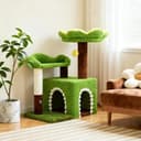 29-inch WOOCHPET flower cat tree in green with cat condo, floral top perch, sisal scratching post, faux grass details and plush pom-pom toy