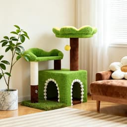 29-inch WOOCHPET flower cat tree in green with cat condo, floral top perch, sisal scratching post, faux grass details and plush pom-pom toy