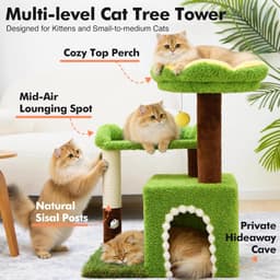 29-inch WOOCHPET flower cat tree in green with cat condo, floral top perch, sisal scratching post, faux grass details and plush pom-pom toy