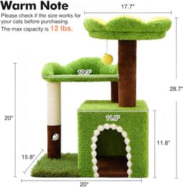 29-inch WOOCHPET flower cat tree in green with cat condo, floral top perch, sisal scratching post, faux grass details and plush pom-pom toy