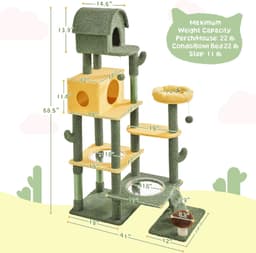 Yaheetech 68.5-inch green oasis cactus cat tree with two large condos, two acrylic clear bowl beds, mushroom perch, flower perch, scratching posts and dangling toy balls