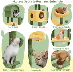Yaheetech 68.5-inch green oasis cactus cat tree with two large condos, two acrylic clear bowl beds, mushroom perch, flower perch, scratching posts and dangling toy balls