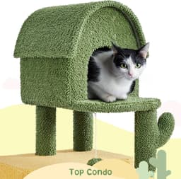 Yaheetech 68.5-inch green oasis cactus cat tree with two large condos, two acrylic clear bowl beds, mushroom perch, flower perch, scratching posts and dangling toy balls
