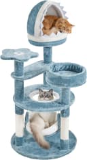 Yaheetech 45.5-inch ocean-themed cat tree in blue and white featuring a shark mouth nest, sea star perch, jellyfish hammock, and round reinforced base