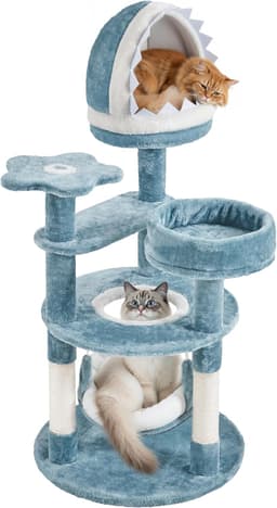 Yaheetech 45.5-inch ocean-themed cat tree in blue and white featuring a shark mouth nest, sea star perch, jellyfish hammock, and round reinforced base