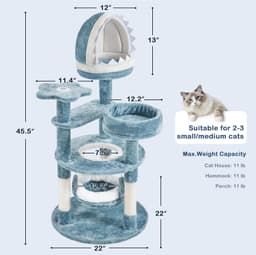 Yaheetech 45.5-inch ocean-themed cat tree in blue and white featuring a shark mouth nest, sea star perch, jellyfish hammock, and round reinforced base