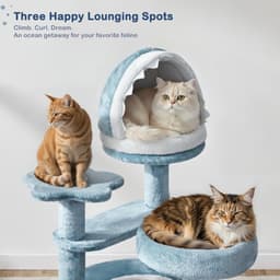 Yaheetech 45.5-inch ocean-themed cat tree in blue and white featuring a shark mouth nest, sea star perch, jellyfish hammock, and round reinforced base