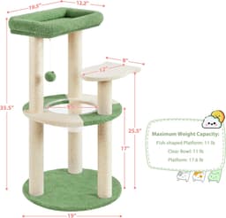 Yaheetech 35.5-inch space capsule cat tree in army green with clear bowl perch, fish-shaped platform, sisal scratching posts, and plush sleeping perch