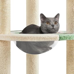 Yaheetech 35.5-inch space capsule cat tree in army green with clear bowl perch, fish-shaped platform, sisal scratching posts, and plush sleeping perch