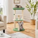 Yaheetech 35.5-inch space capsule cat tree in army green with clear bowl perch, fish-shaped platform, sisal scratching posts, and plush sleeping perch