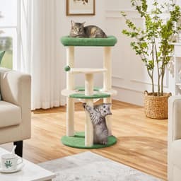 Yaheetech 35.5-inch space capsule cat tree in army green with clear bowl perch, fish-shaped platform, sisal scratching posts, and plush sleeping perch