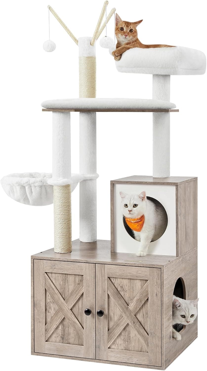 Feandrea 59-inch modern greige cat tree with litter box enclosure, two-door cabinet, scratching posts, washable removable cushions and multi-level platforms